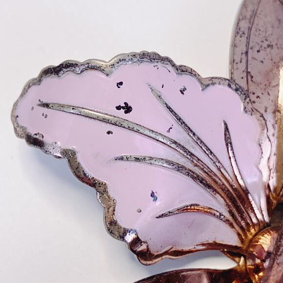 Vintage Large Enamel Tropical Flower Brooch Mid Century Purple Metal Orchid Pin - Picture 7 of 10